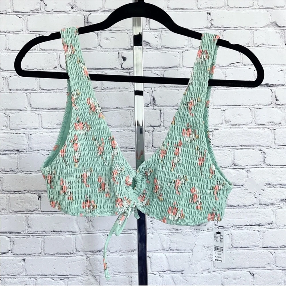 New Topshop Shirred Green Floral Bikini Top Size 12 - Picture 2 of 4